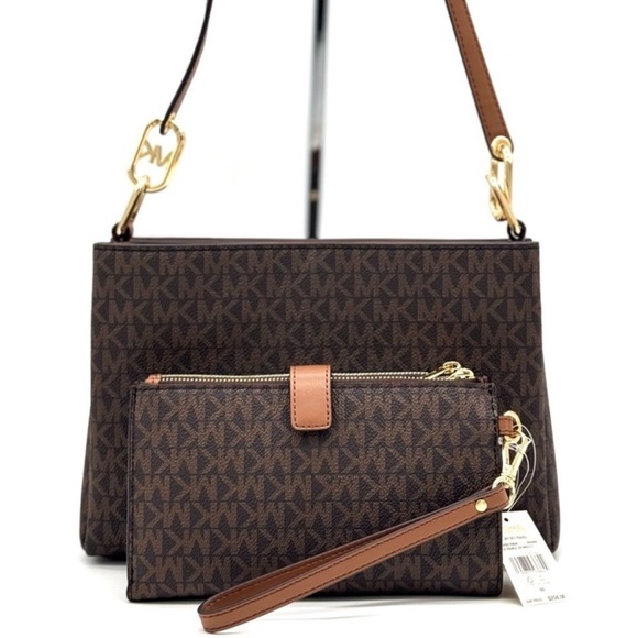 Michael Kors Trisha MD Triple Compartment Bag & Double Zip Wallet Set Brown - Picture 5 of 13